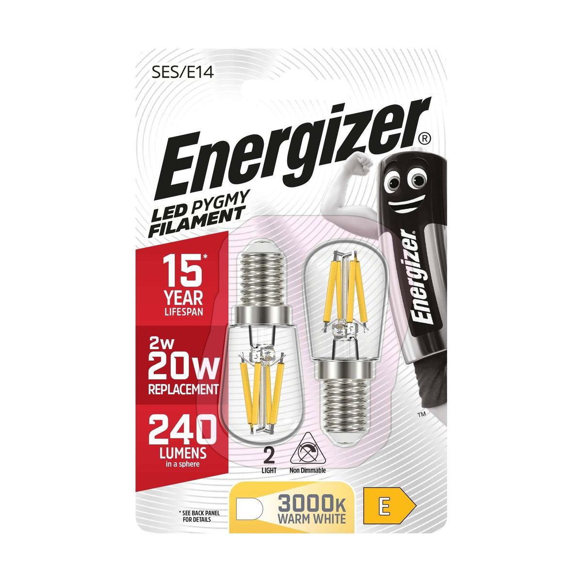 E14 (SES) LED Filament Pygmy Bulb 2W 240lm - Warm White, 2 Pack retail pack
