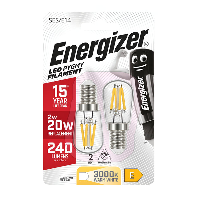 The Energizer 2W Non-Dimmable LED Pygmy Filament Bulb - Warm White, E14, 3000K (2 Pack) packaging highlights two energy-efficient bulbs with a 15-year lifespan. Each bulb uses only 2W to replace a traditional 20W bulb and produces 240 lumens of warm white light at 3000K. Additionally, the iconic Energizer character is prominently displayed on the package.