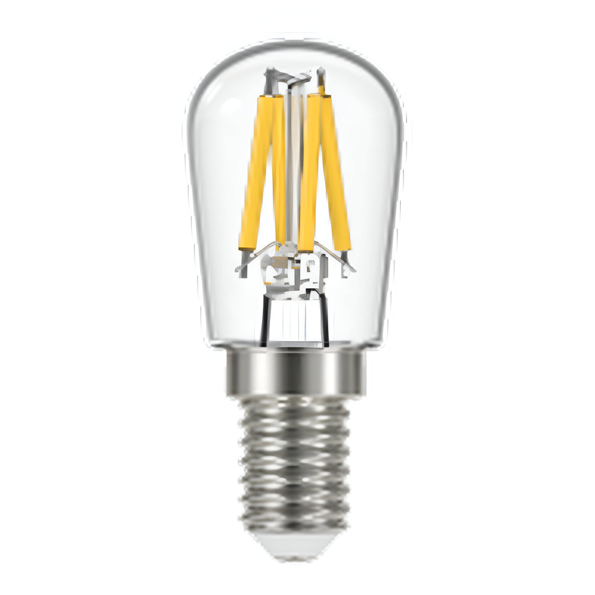 A close-up of the Energizer 2W Non-Dimmable LED Pygmy Filament Bulb showcases its transparent glass cover, revealing the yellow filament and metallic E14 screw base. This energy-efficient bulb emits a warm white light at 3000K and is perfectly isolated against a white background.