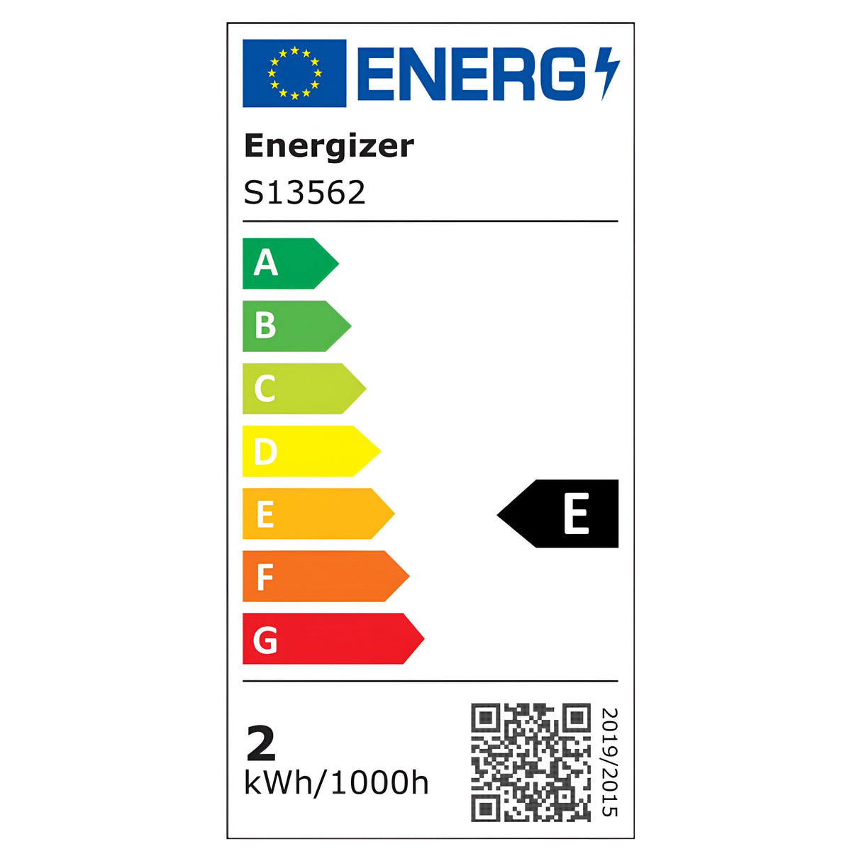 The energy label for the Energizer 2W Non-Dimmable LED Pygmy Filament Bulb - Warm White, model S13562, rates it at E with a 2 kWh/1000h consumption, emitting warm white light. The label includes a color-coded scale ranging from A (green) to G (red), an EU flag, a QR code, and references the year 2019/2015.