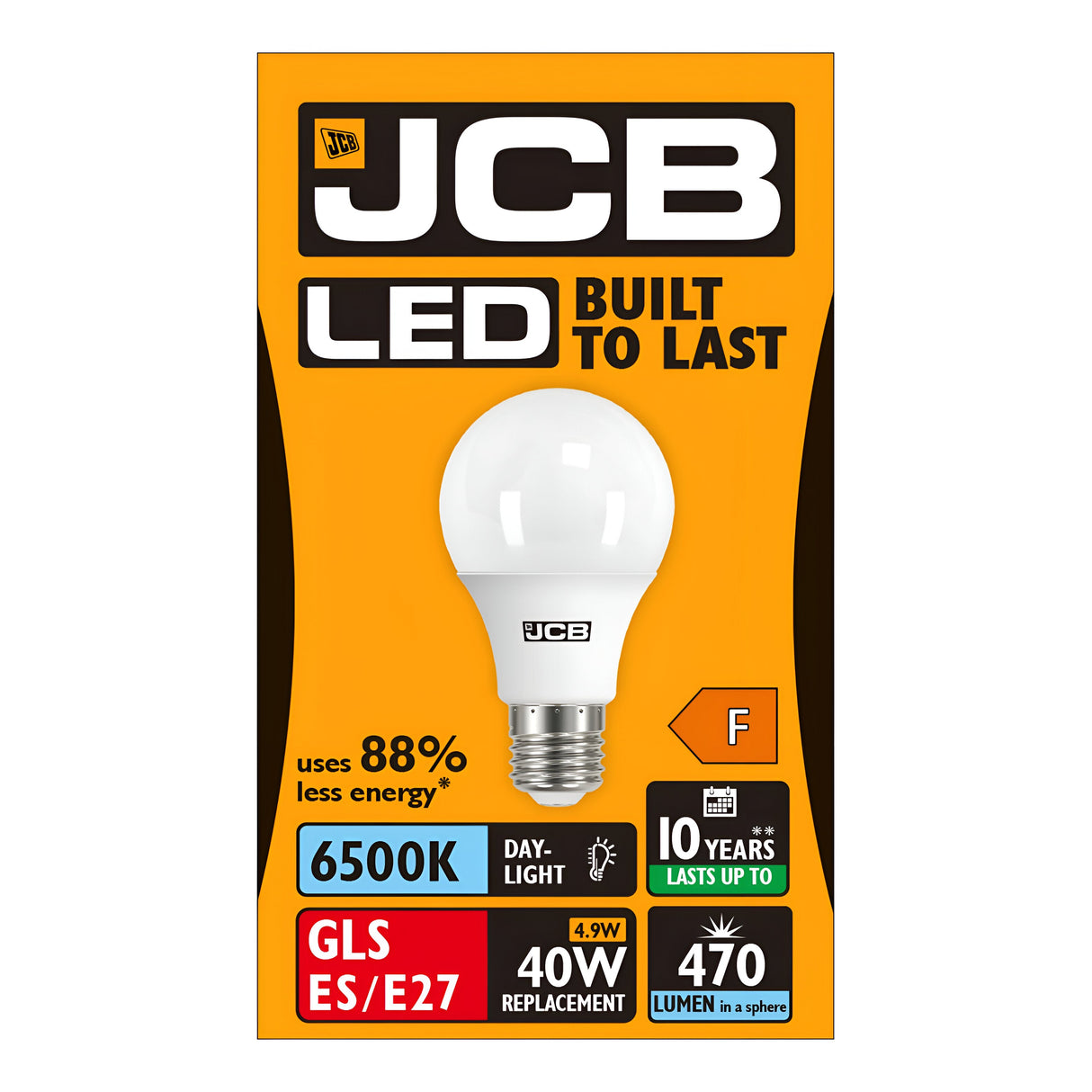 The image features a package of the JCB 4.9W Non-Dimmable LED GLS Bulb, with an E27 fitting and daylight illumination at 6500K. The distinctive orange and black box highlights key specifications such as a brightness of 470 lumens and an energy-efficient alternative to a traditional 40W bulb while using only 4.9 watts. It boasts up to an 88% reduction in energy consumption, carries an F energy rating, and has a lifespan of up to 10 years.