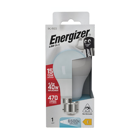 The packaging for the Energizer 4.2W Non-Dimmable LED GLS Bulb emphasizes its energy-efficient design and an impressive lifespan of up to 15 years. Operating at 4.2 watts, this bulb is equivalent to a 40-watt incandescent and offers a bright daylight illumination of 470 lumens with a color temperature of 6500K. Designed for convenience, it features a BC/B22 base that allows for easy installation.