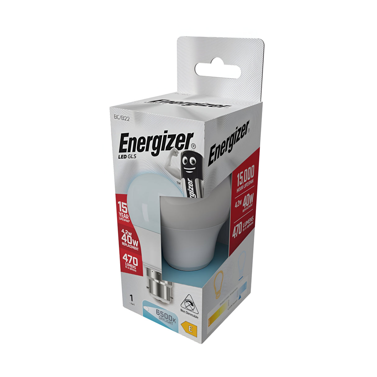 The Energizer 4.2W Non-Dimmable LED GLS Bulb - Daylight, B22, 6500K comes in a predominantly white box with black and red accents featuring a smiling battery character. This energy-efficient LED bulb offers a bright daylight glow at 6500K, produces 470 lumens, has an impressive lifespan of 15,000 hours, and is equivalent to a traditional 40W bulb.