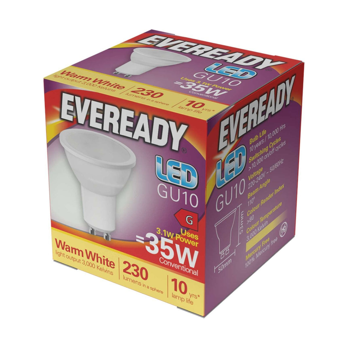 GU10 LED Bulb 3.1W 250lm Non-Dimmable - Warm White 3000K retail pack