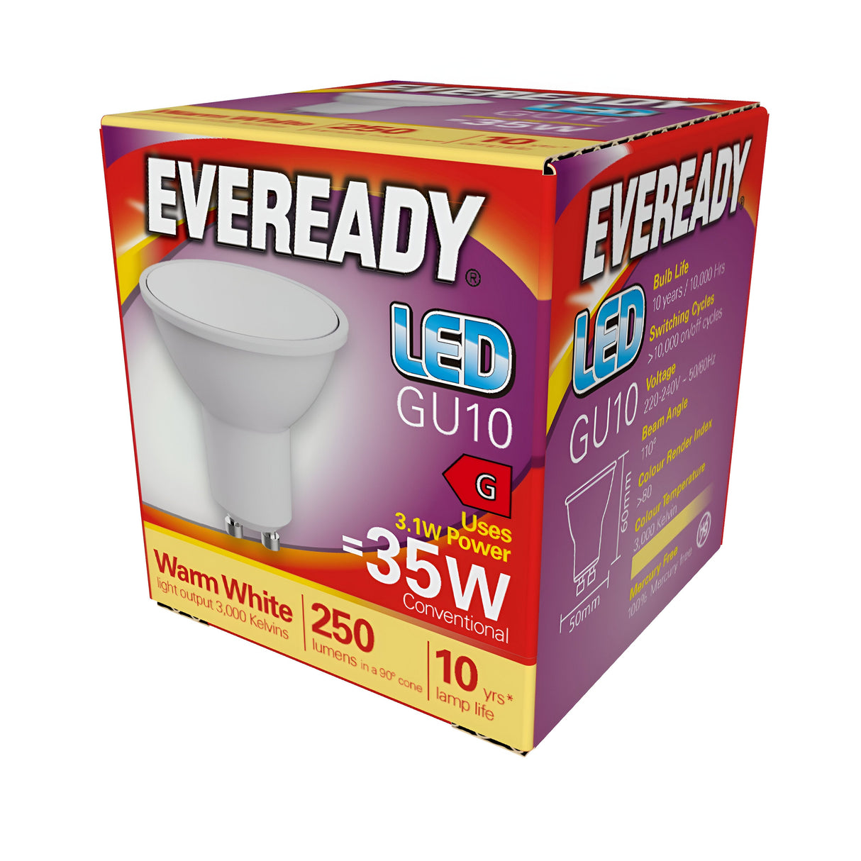 The Eveready 3.1W GU10 Non-Dimmable LED Bulb offers energy-efficient lighting in Warm White, producing 250 lumens at a comfortable 3000 Kelvin. Each bulb is equivalent to a traditional 35W bulb and comes with an impressive 10-year lifespan, all presented in a vibrant box.