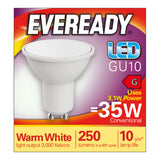 The Eveready 3.1W GU10 Non-Dimmable LED Bulb in warm white (3000K) claims on its packaging that its energy-efficient 3.1W power output matches the brightness of a traditional 35W bulb, providing 250 lumens and boasting an impressive lifespan of up to 10 years.