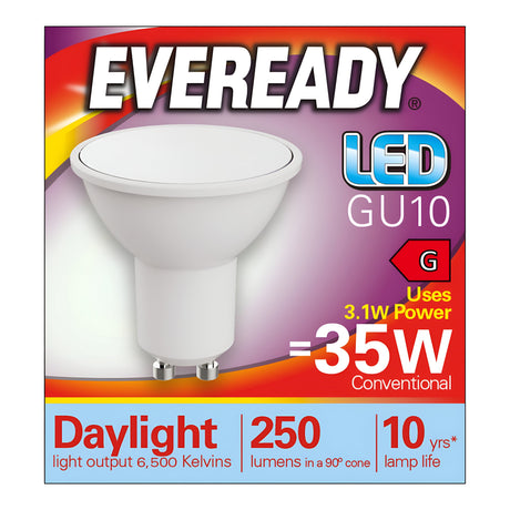 The packaging for the Eveready 3.1W GU10 Non-Dimmable LED Bulb highlights its energy-efficient design, consuming only 3.1 watts while serving as an alternative to a traditional 35-watt bulb. It provides daylight illumination with a brightness of 250 lumens and a color temperature of 6,500K. This bulb is designed to have a long lifespan of up to 10 years, and the box features colorful branding prominently displayed.