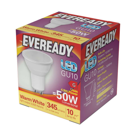 GU10 LED Spotlight Bulb 4.9W 345lm - Warm White 3000K - Eveready retail pack