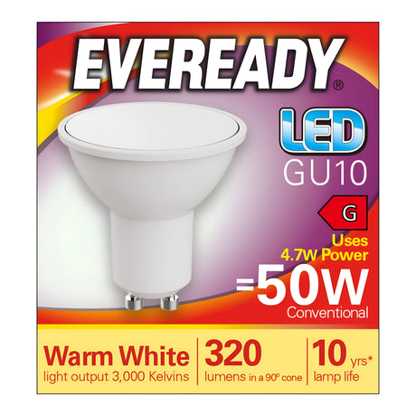 The Eveready 4.7W GU10 Non-Dimmable LED Bulb - Warm White, 3000K features packaging that highlights its energy-efficient design with a 4.7W power usage, equivalent to a traditional 50W bulb. It emits warm white light at 3,000 Kelvins and produces 320 lumens, with the GU10 fitting providing a lifespan of up to 10 years.