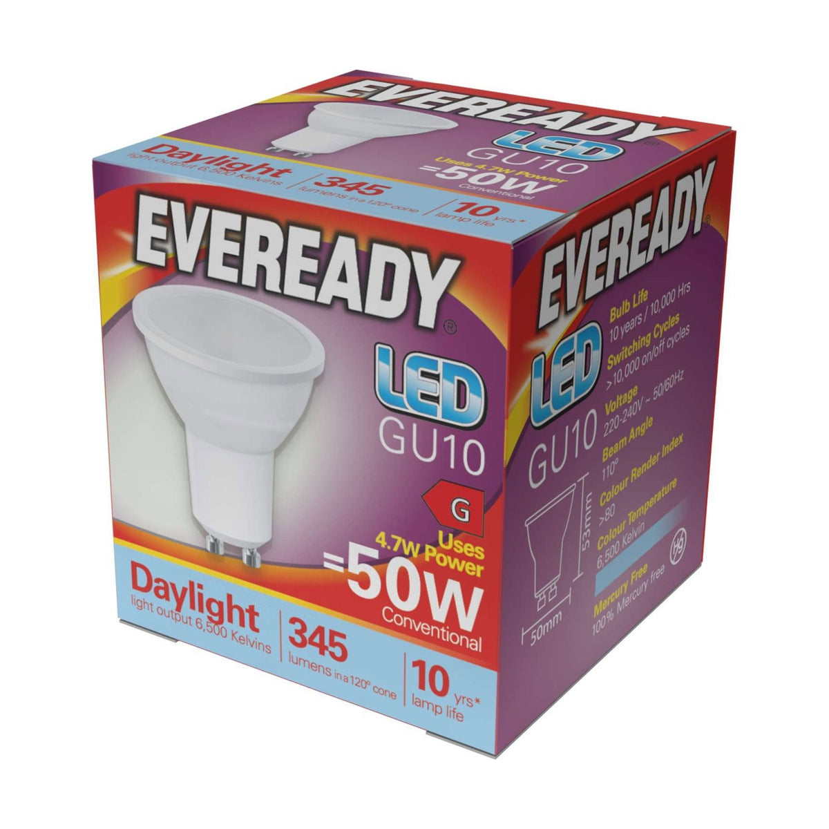 GU10 LED Bulb 4.7W 345lm Non-Dimmable - Daylight 6500K retail pack