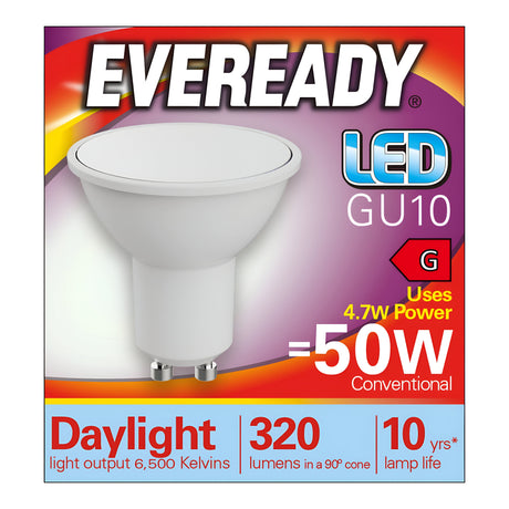 Packaging for the Eveready 4.7W GU10 Non-Dimmable LED Bulb highlights its power efficiency, using only 4.7 watts while providing light equivalent to a conventional 50-watt bulb. Key features include an energy-saving daylight tone with a color temperature of 6,500 Kelvins, delivering 320 lumens within a 90° beam angle, and boasting an impressive lifespan of up to 10 years. It carries an energy rating of G.