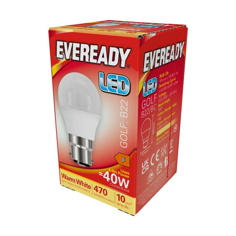 B22 (BC) LED Golf Bulb 4.9W 470lm - Warm White 3000K retail pack