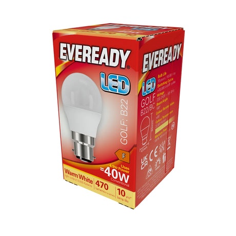Displayed is a red package of the Eveready 4.9W Non-Dimmable LED Golf Ball Bulb. The packaging showcases a white bulb with a B22 bayonet cap, highlighting its Warm White color at 3000K with an output of 470 Lumens, and emphasizing its energy efficiency being equivalent to a 40W bulb.
