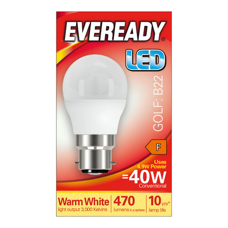 The Eveready 4.9W Non-Dimmable LED Golf Ball Bulb offers 470 lumens of warm white light, rated at 3000 Kelvins. With energy use equivalent to a 40W traditional bulb and an F energy rating, it promises an impressive lifespan of 10 years and features a B22 base.
