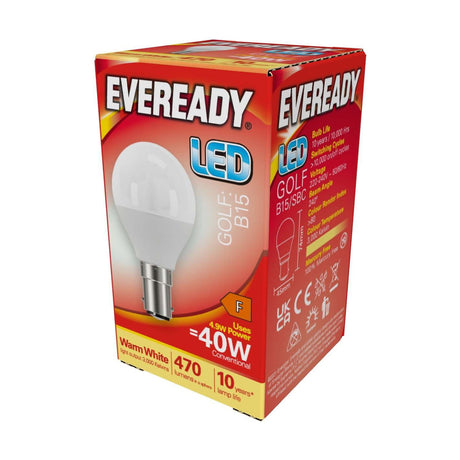 B15 (SBC) LED Golf Bulb 4.9W 470lm - Warm White 3000K - Eveready retail pack