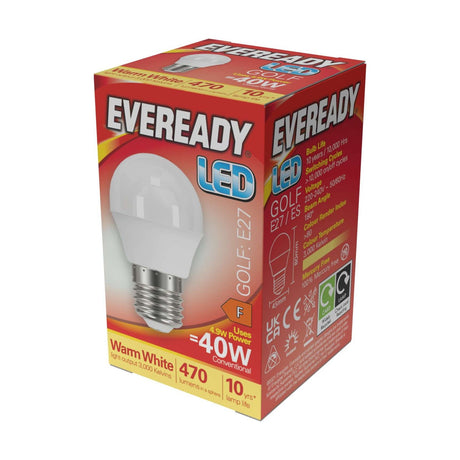 E27 (ES) LED Golf Bulb 4.9W 470lm - Warm White 3000K retail pack