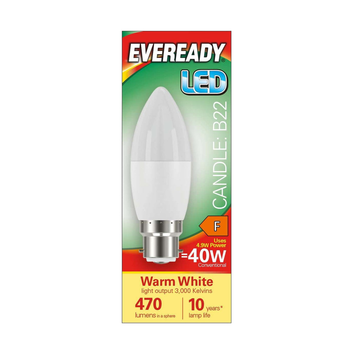 B22 (BC) LED Candle Bulb 4.9W 470lm - Warm White 3000K - Eveready retail pack