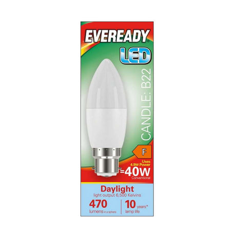B22 (BC) LED Candle Bulb 4.9W 470lm - Daylight 6500K - Eveready retail pack