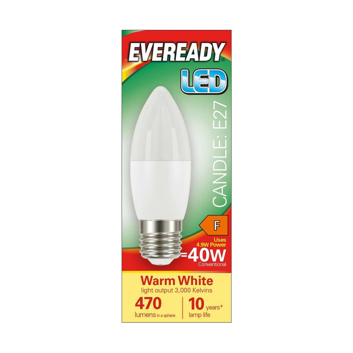 E27 (ES) LED Candle Bulb 4.9W 470lm - Warm White 3000K retail pack