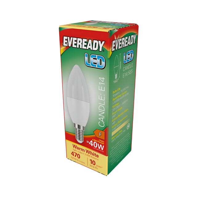 The image features an Eveready 4.9W Non-Dimmable LED Candle Bulb in its green packaging, highlighting features such as energy-efficient warm white light with 470 lumens brightness, equivalent to approximately 40 watts, and a durable lifespan of up to 10 years. The packaging also includes a bulb graphic and the text E14 for easy identification.