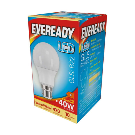 B22 (BC) LED GLS Bulb 4.9W 470lm - Warm White 3000K - Eveready retail pack