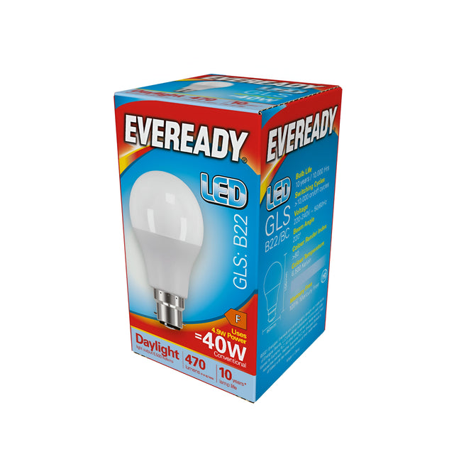 The Eveready 4.9W Non-Dimmable LED GLS Bulb, labeled as providing Daylight illumination with a color temperature of 6500K and equivalent to a 40W bulb at 470 lumens, is presented in a colorful box. It features a B22 fitting, offers a lifespan of up to 10 years, and carries an Energy Rating F. The predominantly blue packaging is accented with red details and contains comprehensive product information.