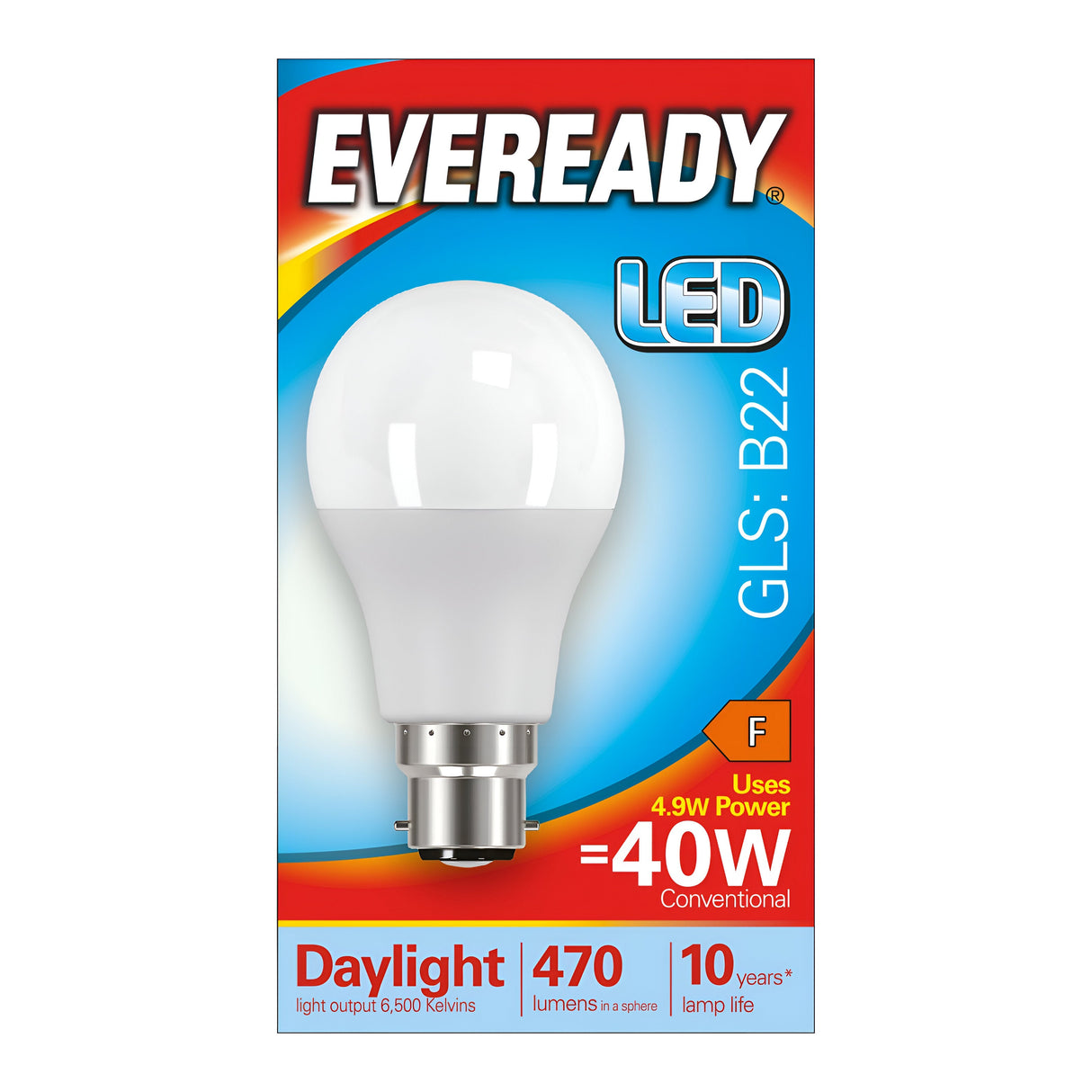 The Eveready 4.9W Non-Dimmable LED GLS Bulb packaging displays its energy-efficient attributes, featuring a B22 fitting with daylight brightness of 470 lumens and 6500 Kelvin. Using just 4.9 watts in comparison to a traditional 40-watt bulb, it boasts an impressive lamp life of up to 10 years. The package also notes the Energy Rating F.