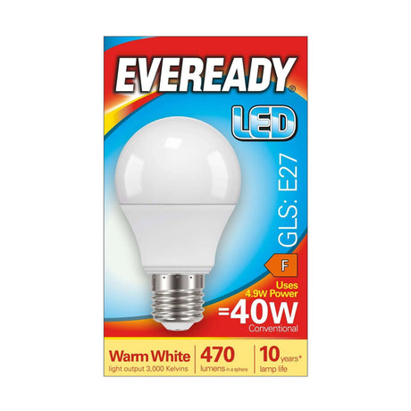 E27 (ES) LED GLS Bulb 4.9W 470lm - Warm White 3000K - Eveready retail pack