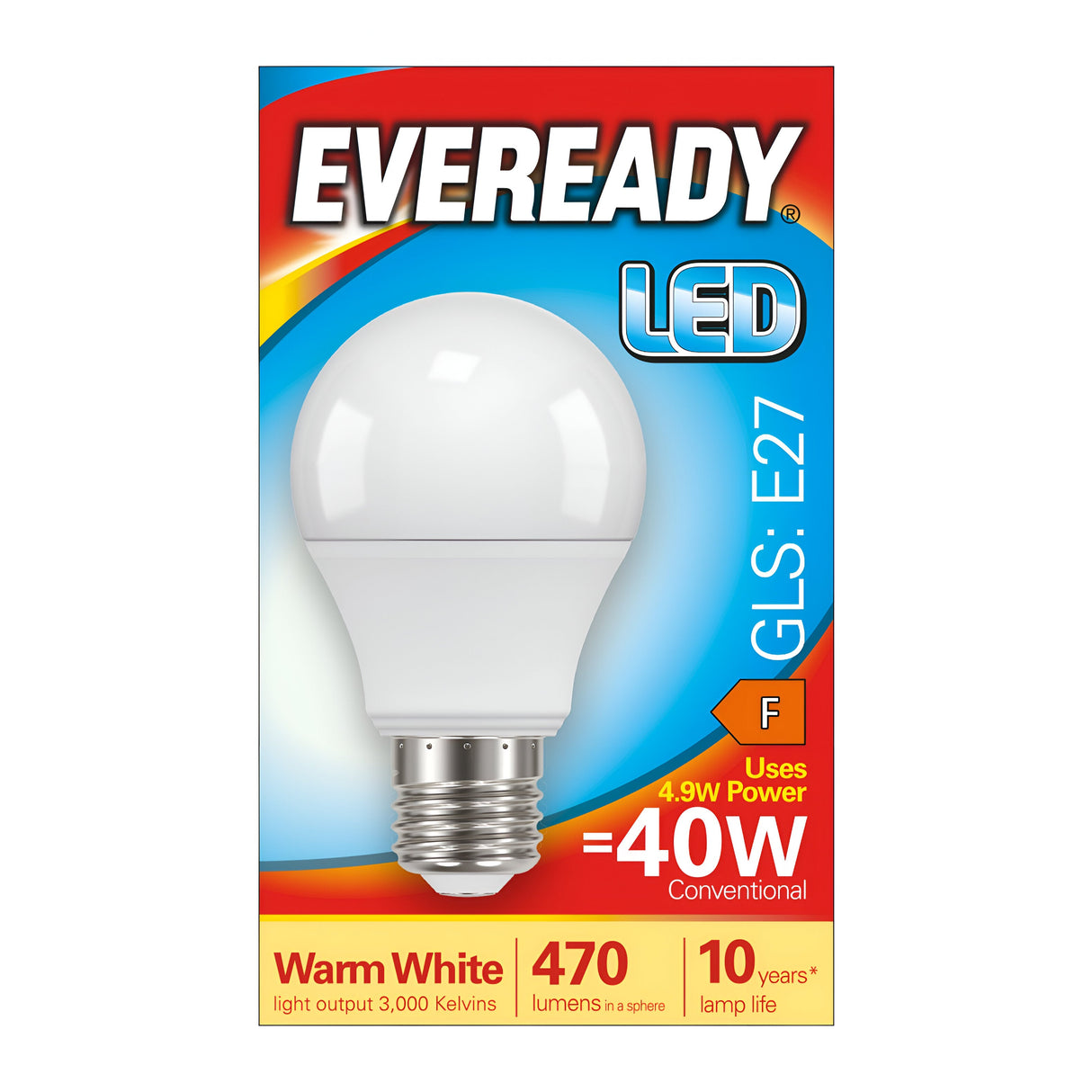 Image of the Eveready 4.9W Non-Dimmable LED GLS Bulb packaging. The box features a bulb with an E27 base providing warm white illumination at 470 lumens and a color temperature of 3000K. It efficiently uses only 4.9W of power, replacing a traditional 40W bulb, offering remarkable energy efficiency and a lifespan of up to 10 years.