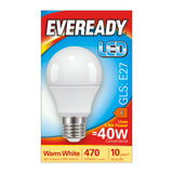 Image of the Eveready 4.9W Non-Dimmable LED GLS Bulb packaging. The box features a bulb with an E27 base providing warm white illumination at 470 lumens and a color temperature of 3000K. It efficiently uses only 4.9W of power, replacing a traditional 40W bulb, offering remarkable energy efficiency and a lifespan of up to 10 years.