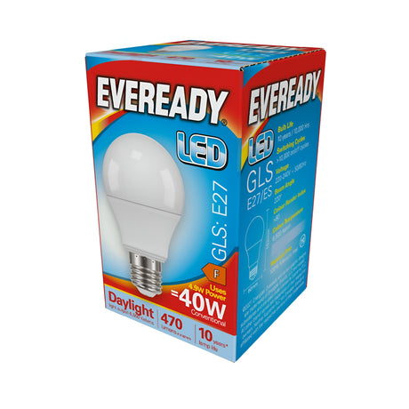 Box of Eveready 4.9W Non-Dimmable LED GLS Bulbs featuring an E27 base, offering energy-efficient lighting equivalent to 40W conventional bulbs and providing 470 lumens in a daylight color of 6500K, with a lasting lamp life of 10 years. The box is adorned with a vibrant design that includes comprehensive product details and specifications.