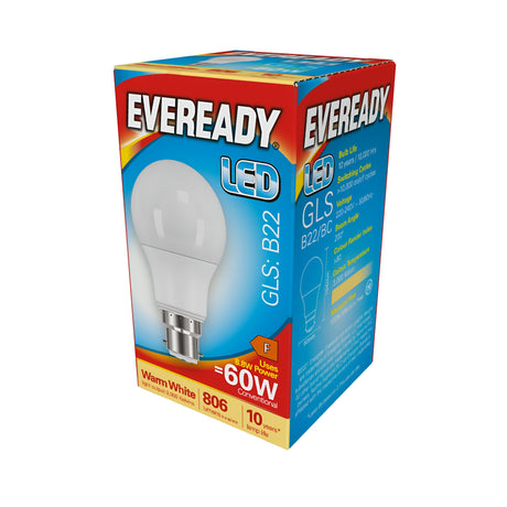 A box of Eveready 8.8W Non-Dimmable LED GLS Bulbs features a blue and red design, equipped with a B22 base, and emits 806 lumens of warm white light at 3000K. It is energy-efficient as a 60W equivalent and boasts an impressive lifespan of up to 10 years.