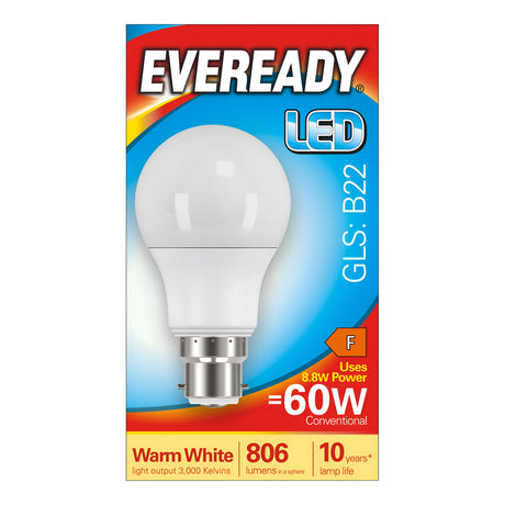 The box for the vibrant Eveready 8.8W Non-Dimmable LED GLS Bulb presents a B22 bulb that is energy efficient, utilizing 8.8 watts of power equivalent to a conventional 60-watt bulb. It emits warm white light at a color temperature of 3000 Kelvin and provides brightness of 806 lumens, boasting a lifespan of up to 10 years.