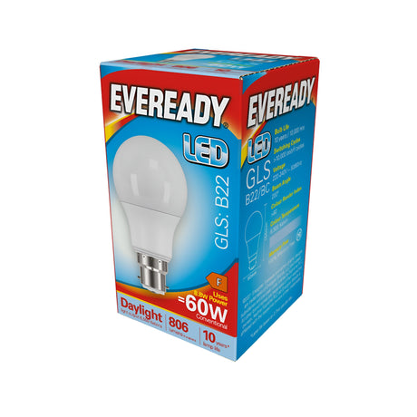 A photo of the Eveready 8.8W Non-Dimmable LED GLS bulb box, in blue and red, highlights daylight illumination. It prominently features an energy-saving bulb image with text detailing B22 base type, 8W power that is equivalent to a traditional 60W bulb, a brightness of 806 lumens, and an impressive lifespan of up to 10 years.