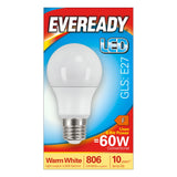 Packaging for the Eveready 8.8W Non-Dimmable LED GLS Bulb features an E27 base, emits warm white light with 806 lumens at 3000 Kelvin, and provides the equivalent brightness of a traditional 60W bulb. It offers a lifespan of up to 10 years and holds an energy efficiency rating of F.