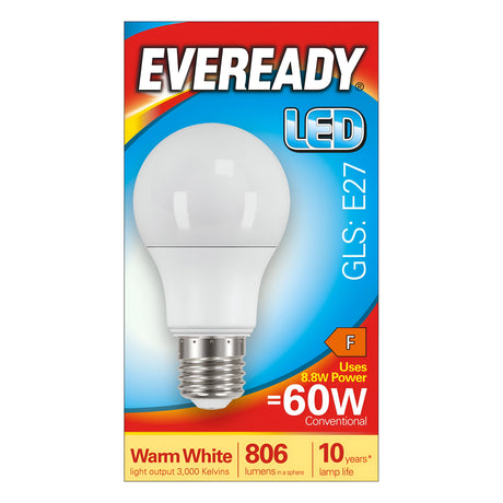 Packaging for the Eveready 8.8W Non-Dimmable LED GLS Bulb features an E27 base, emits warm white light with 806 lumens at 3000 Kelvin, and provides the equivalent brightness of a traditional 60W bulb. It offers a lifespan of up to 10 years and holds an energy efficiency rating of F.