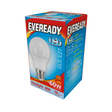 The packaging for the Eveready 8.8W Non-Dimmable LED GLS Bulb - Daylight, E27, 6500K prominently displays an image highlighting its energy-efficient features and specifications, such as the E27 base, 6500K daylight color temperature, and brightness of 806 lumens—equivalent to that of a traditional 60W bulb.