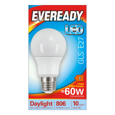 The packaging of an Eveready 8.8W Non-Dimmable LED GLS Bulb in Daylight (E27, 6500K) highlights the bulb's ability to provide 806 lumens while consuming only 8.8 watts, making it a suitable replacement for a traditional 60W bulb. The energy-efficient design boasts a lifespan of up to 10 years.