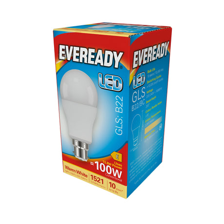 A package of Eveready 13.8W Non-Dimmable LED GLS bulbs highlights a visible bulb design on the front. Focusing on energy efficiency, it presents specifications such as B22 base, warm white light at 3000K, emitting 1521 lumens and equivalent to a 100W bulb. The packaging is adorned with vibrant red, blue, and yellow colors.