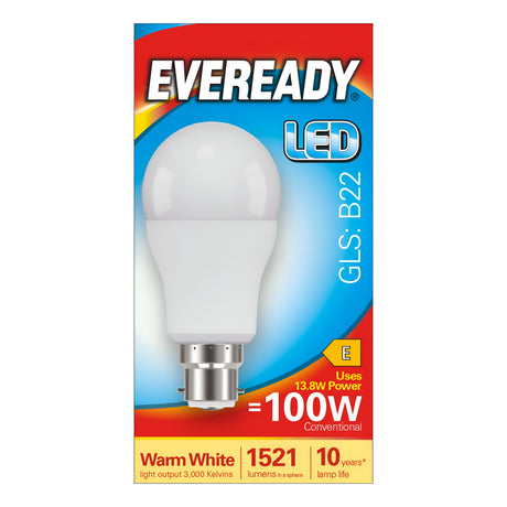 The packaging for the Eveready 13.8W Non-Dimmable LED GLS Bulb - Warm White, B22, 3000K highlights its energy-efficient design comparable to a 100W traditional bulb. It emits warm white light at 3000 Kelvin, delivers 1521 lumens of brightness, and has a lifespan of 10 years.