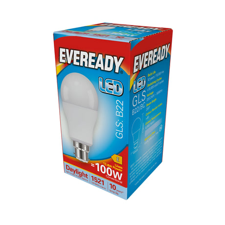 Image of a red and blue Eveready LED light bulb box displaying the GLS B22 bulb. This 13.8W bulb delivers a brightness of 1521 lumens, equivalent to a traditional 100W bulb, and provides a bright daylight color temperature of 6500K.