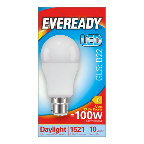 An image of an Eveready LED light bulb package highlights the 13.8W Non-Dimmable LED GLS Bulb - B22 in daylight color temperature (6,500K), offering a brightness of 1521 Lumens. The red and blue box indicates it has a lifespan of up to 10 years and is equivalent to a traditional 100W bulb.