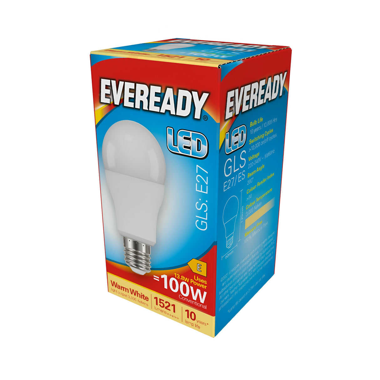 The Eveready 13.8W Non-Dimmable LED GLS Bulb, labeled E27, provides a warm white light at 3000K with a 100W equivalent and delivers 1521 lumens. It boasts a lifespan of up to 10 years and comes in blue and red packaging featuring an image of the bulb.