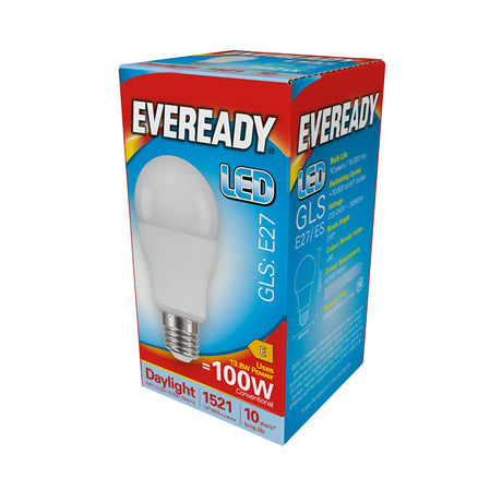 An eye-catching package of the Eveready 13.8W Non-Dimmable LED GLS Bulb showcases its energy-saving features. The box highlights specifications like E27 base, a 6500K daylight color temperature, 1521 lumens brightness, an equivalent of a 100W bulb, and an impressive 10-year lifespan.