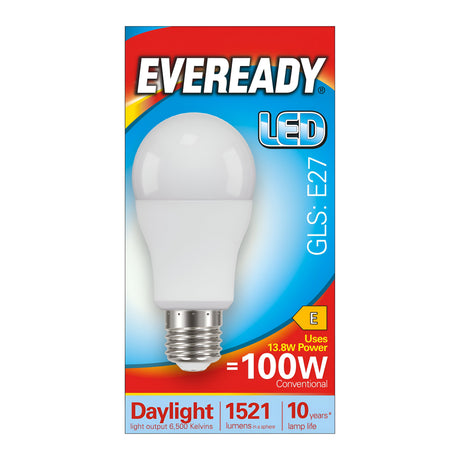 The packaging image of the Eveready 13.8W Non-Dimmable LED GLS Bulb - Daylight, E27, 6500K, highlights this energy-efficient bulb's impressive features: equivalent to a 100W incandescent bulb, emitting 1521 lumens with a daylight effect at 6500 Kelvin and offering a remarkable lamp life of up to 10 years.