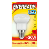 Image of Eveready 4.5W Non-Dimmable R39 LED Reflector Bulb - Warm White, E14, 3000K packaging. This energy-saving bulb uses 4.5W power and is equivalent to a 30W conventional bulb. It emits a warm white glow with a brightness of 320 lumens, a color temperature of 3000 Kelvins, and features a long-lasting lamp life of up to 10 years.