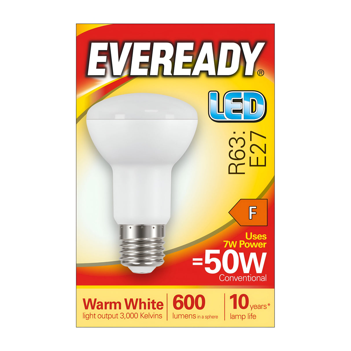 The Eveready 7W Non-Dimmable R63 LED Reflector Bulb provides warm white light at 600 lumens and a color temperature of 3000 Kelvin. It boasts a lifespan of 10 years and offers energy efficiency by using only 7 watts of power while delivering the equivalent output of a conventional 50W bulb, with an energy efficiency rating of F.