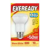 The Eveready 7W Non-Dimmable R63 LED Reflector Bulb provides warm white light at 600 lumens and a color temperature of 3000 Kelvin. It boasts a lifespan of 10 years and offers energy efficiency by using only 7 watts of power while delivering the equivalent output of a conventional 50W bulb, with an energy efficiency rating of F.