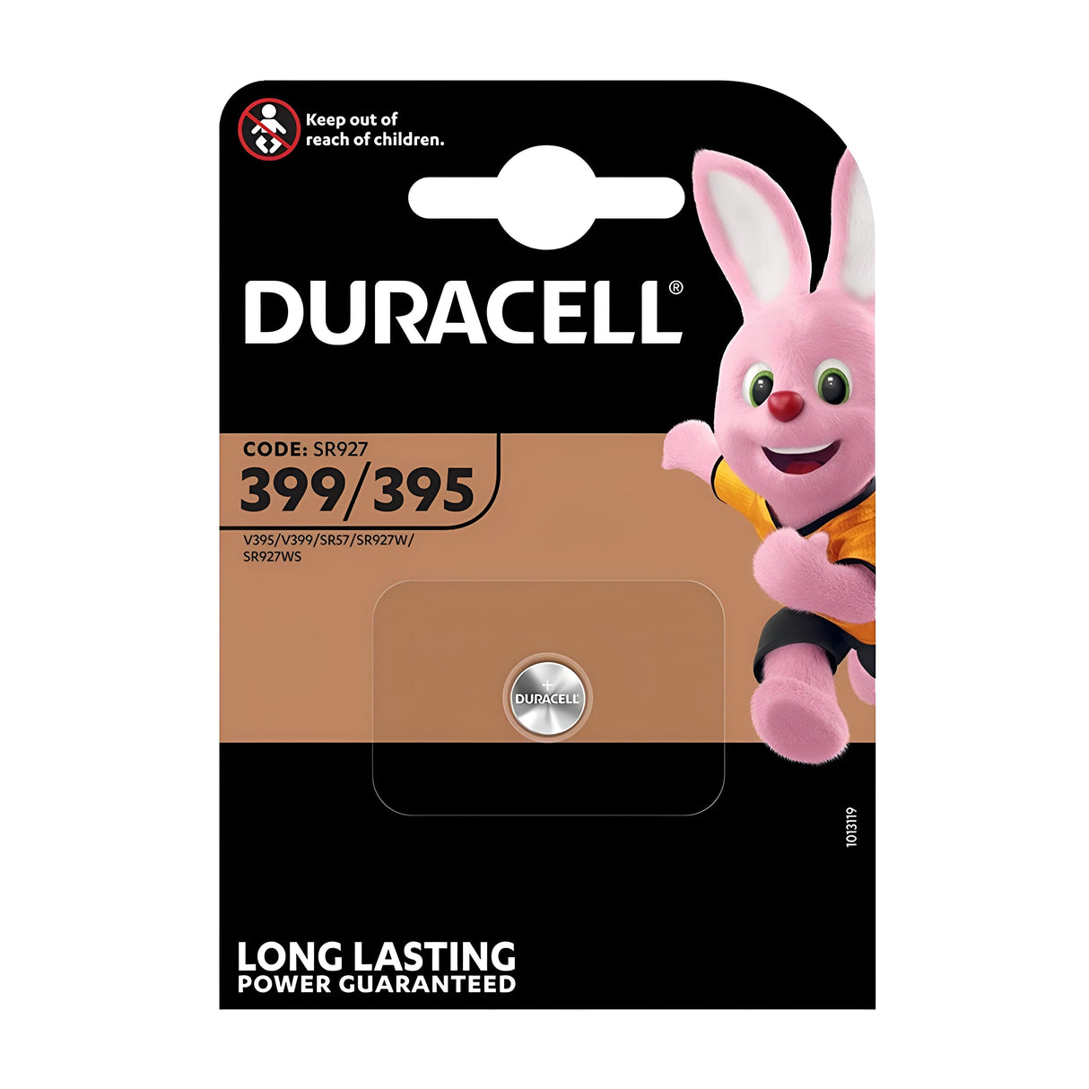 Packaging for a Duracell 395/399 Silver Oxide Button Cell Battery (1 Pack), prominently displaying the Duracell bunny on the right side, clad in an orange and black outfit. The package includes text that advises to keep out of reach of children and guarantees long-lasting performance for precision electronics.