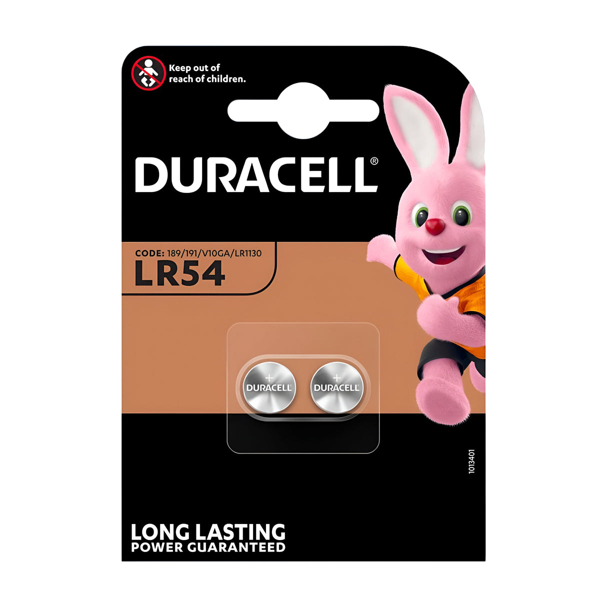 Photo of a pack of Duracell LR54 Alkaline Button Cell Batteries (2 Pack) highlighting two batteries. The packaging displays a pink bunny mascot with the promise of "Long Lasting Power Guaranteed" and includes a safety warning to keep out of reach of children, making them perfect for compact electronic devices.
